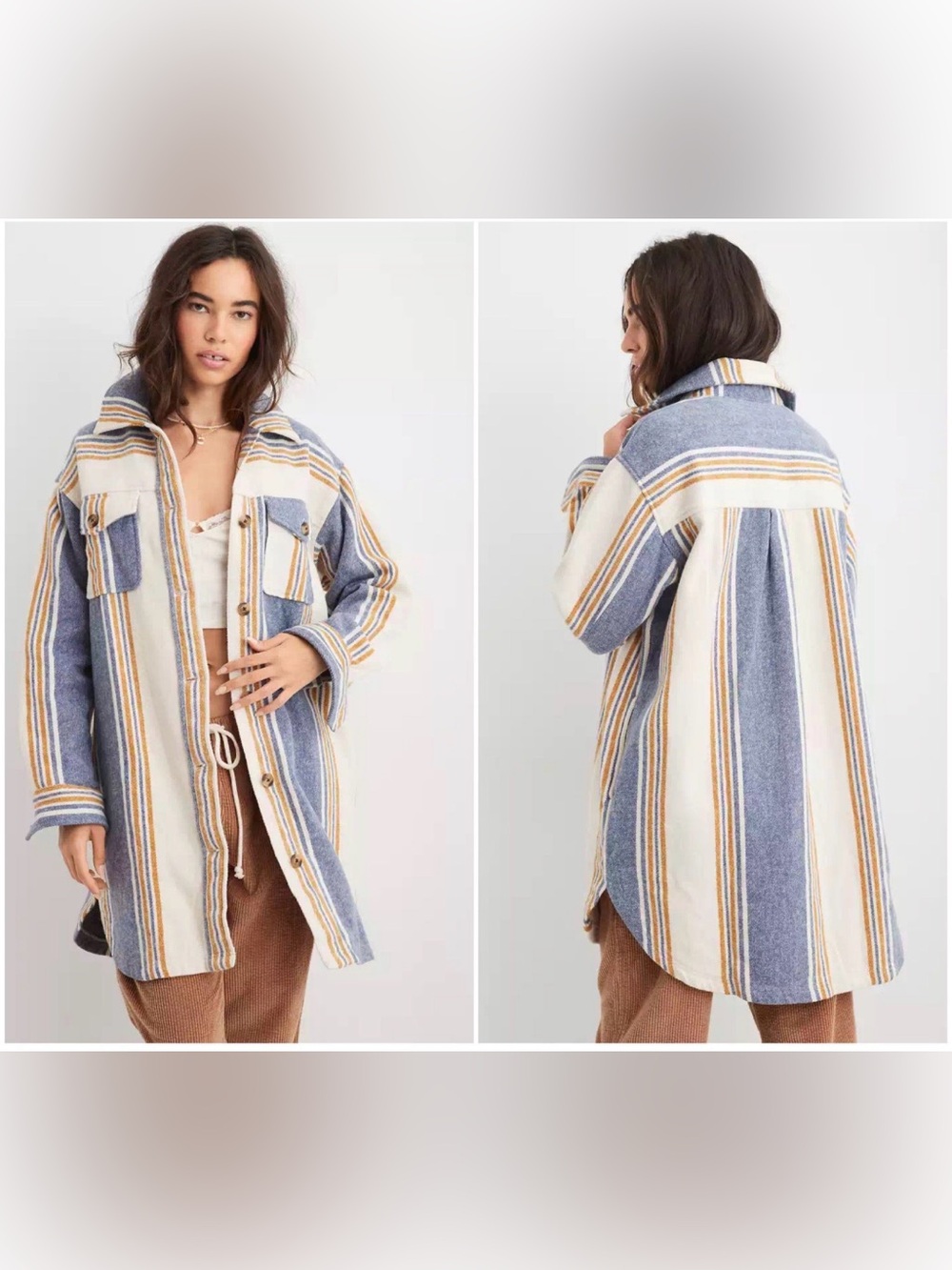 aerie Cream Striped Cozy Top with Mustard and Blue Stripes